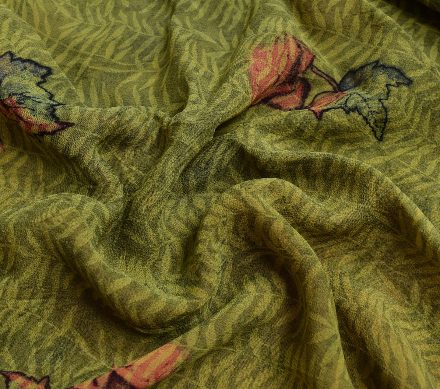 Sushila Vintage Floral Green Saree 100% Pure Georgette Silk Printed Craft Fabric