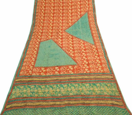 Sushila Vintage Dark Orange Saree 100% Pure Georgette Silk Printed Craft Fabric