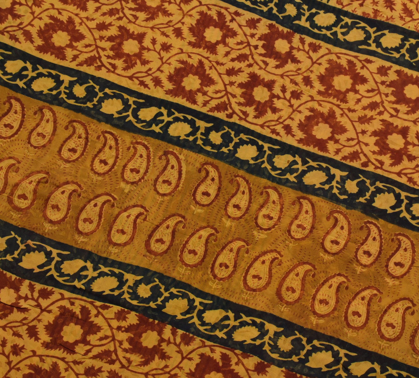 Sushila Vtg Mustard Saree Pure Georgette Silk Hand Block Printed Craft Fabric