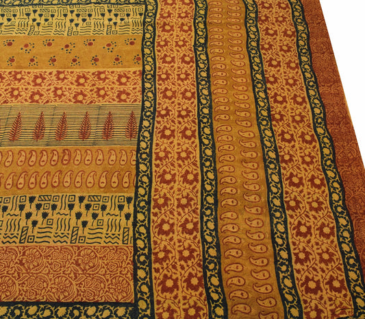 Sushila Vtg Mustard Saree Pure Georgette Silk Hand Block Printed Craft Fabric