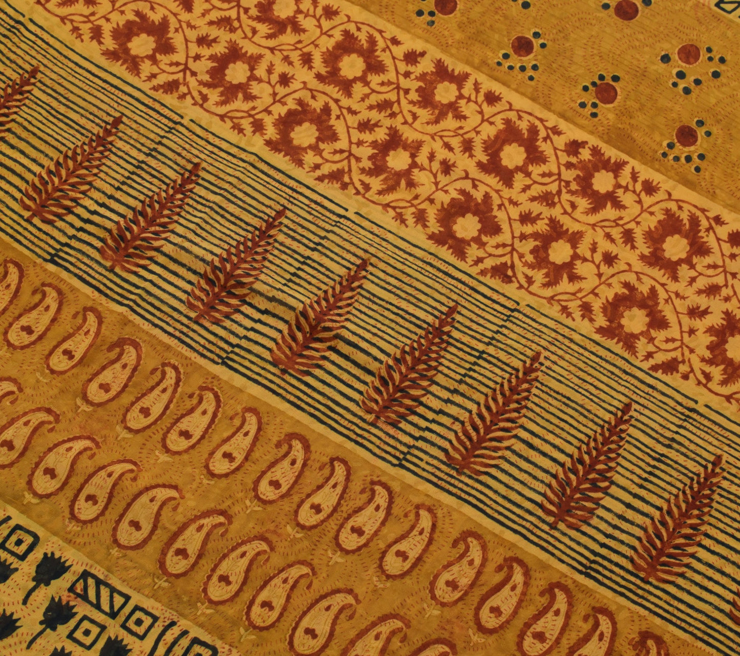 Sushila Vtg Mustard Saree Pure Georgette Silk Hand Block Printed Craft Fabric