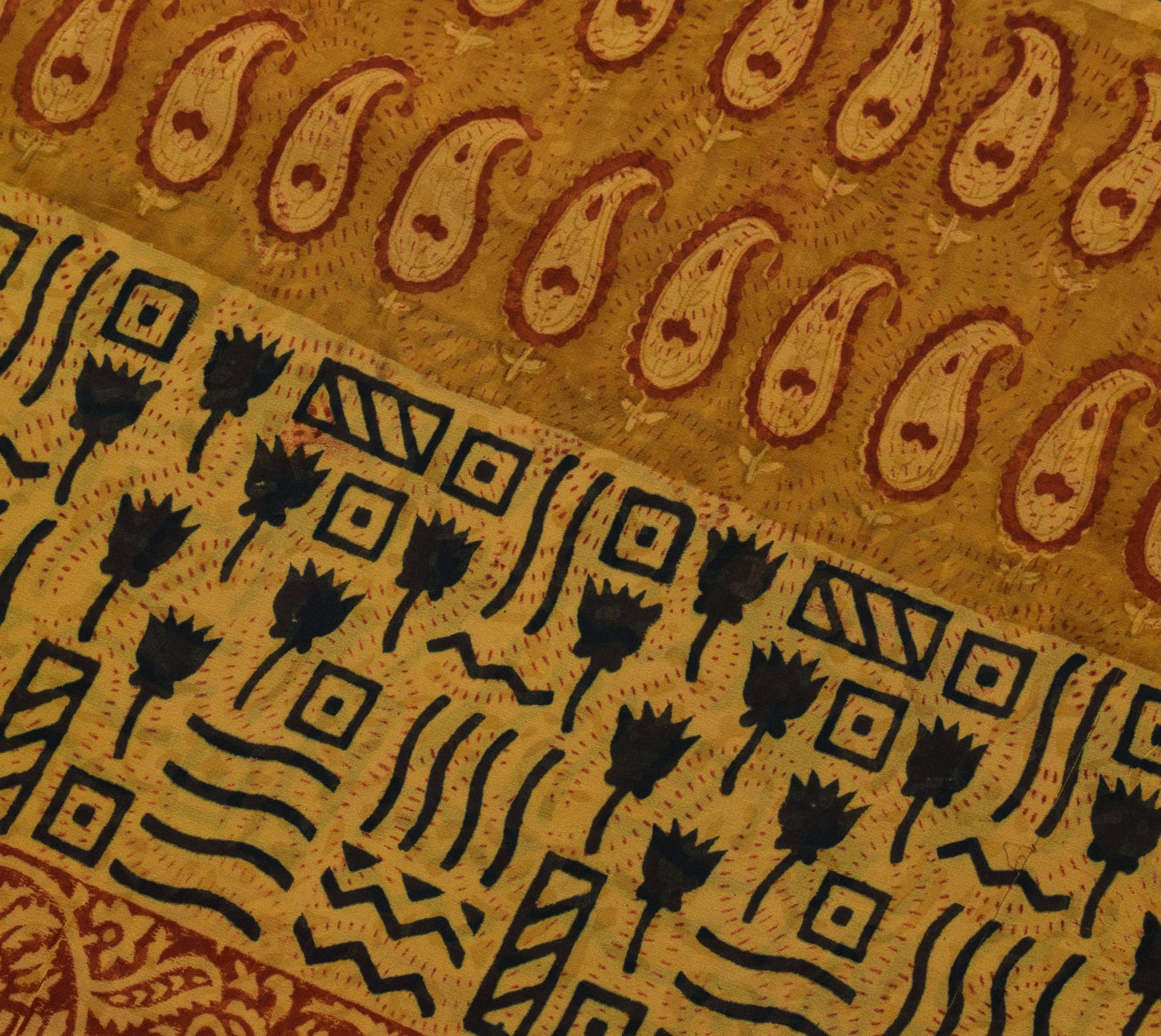 Sushila Vtg Mustard Saree Pure Georgette Silk Hand Block Printed Craft Fabric