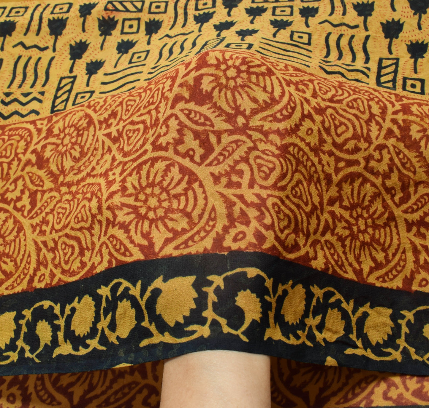 Sushila Vtg Mustard Saree Pure Georgette Silk Hand Block Printed Craft Fabric