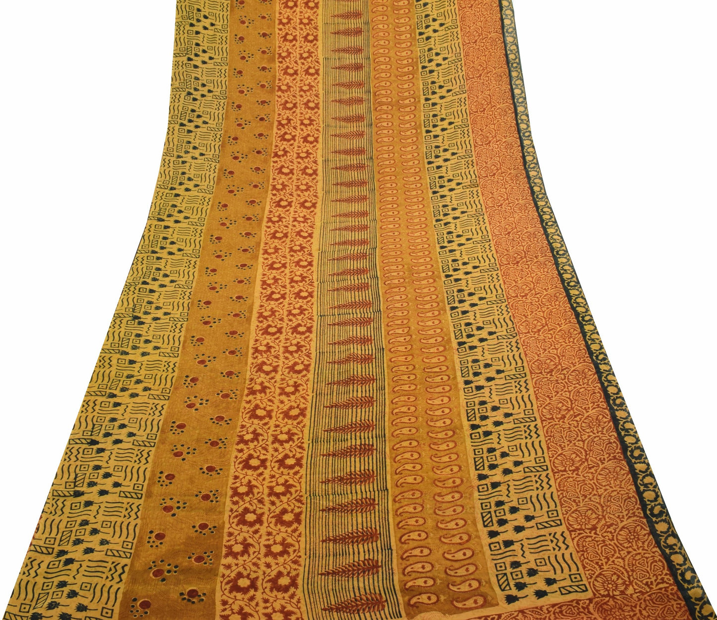 Sushila Vtg Mustard Saree Pure Georgette Silk Hand Block Printed Craft Fabric