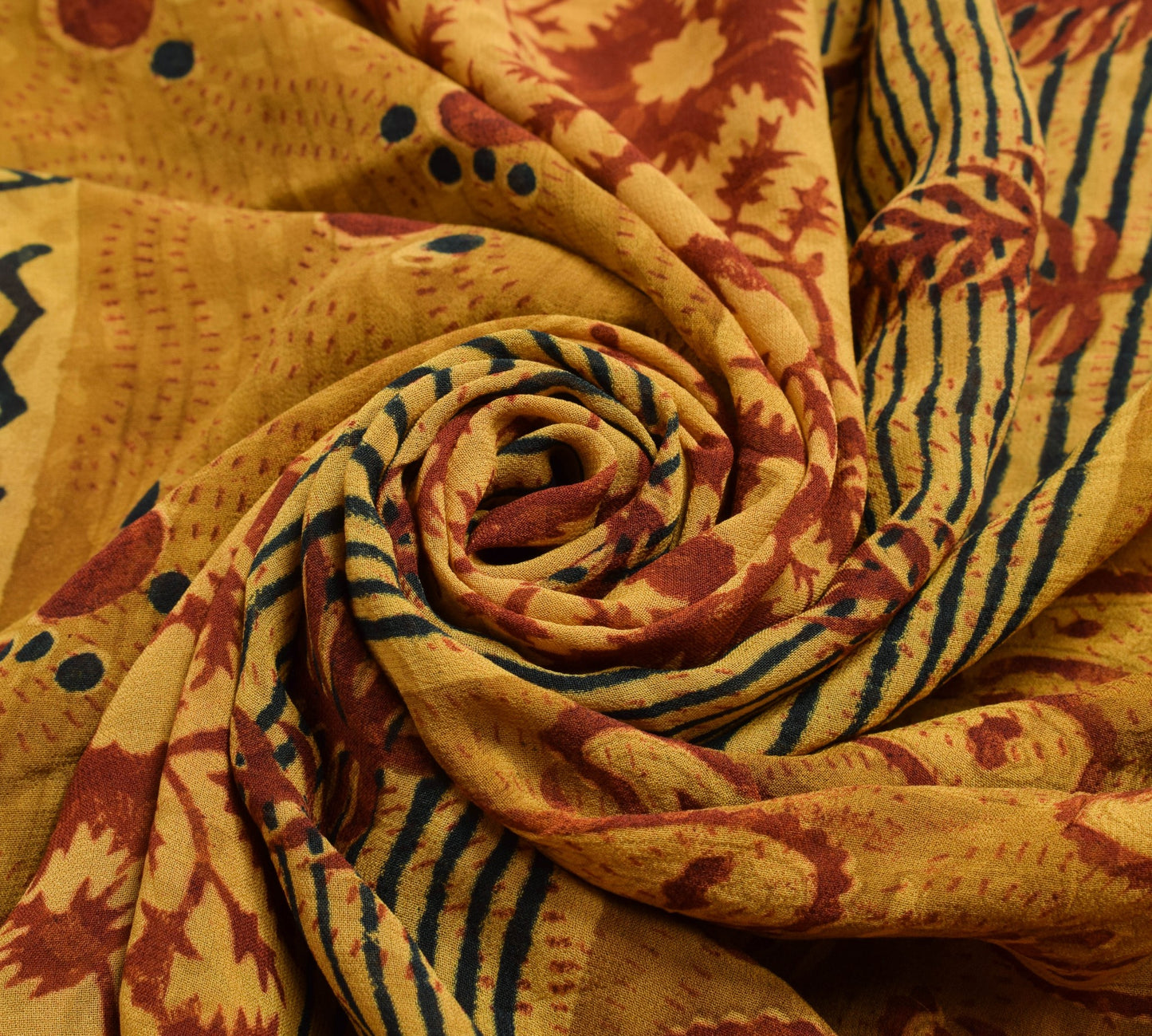 Sushila Vtg Mustard Saree Pure Georgette Silk Hand Block Printed Craft Fabric