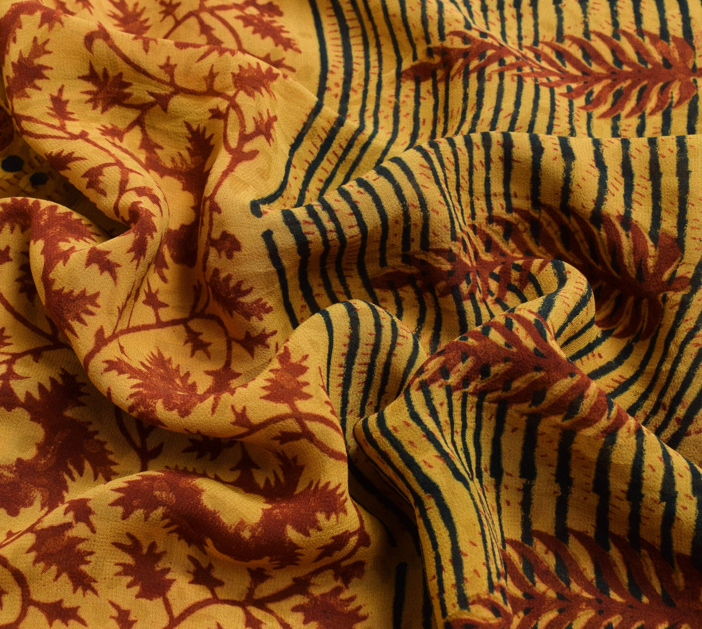 Sushila Vtg Mustard Saree Pure Georgette Silk Hand Block Printed Craft Fabric