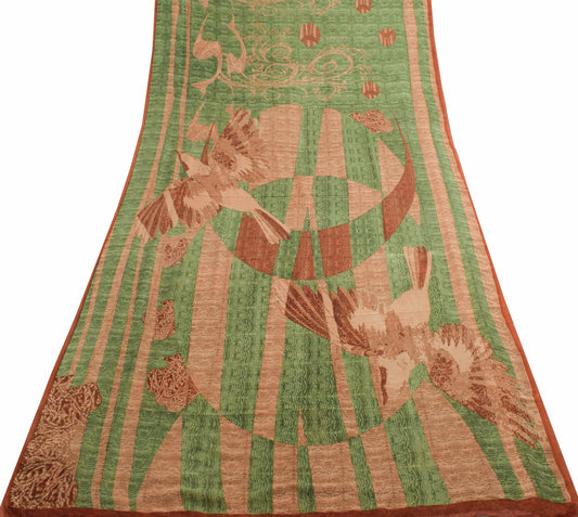 Sushila Vintage Green Branded Saree 100%Pure Georgette Silk Birds Printed Fabric