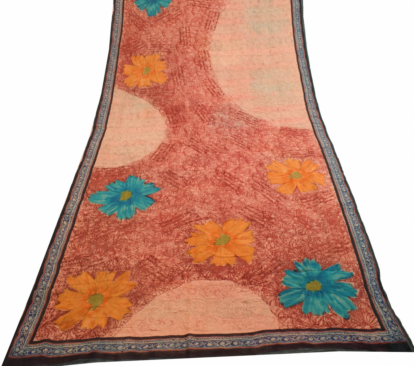 Sushila Vintage Peach Saree 100% Pure Georgette Silk Floral Printed Craft Fabric