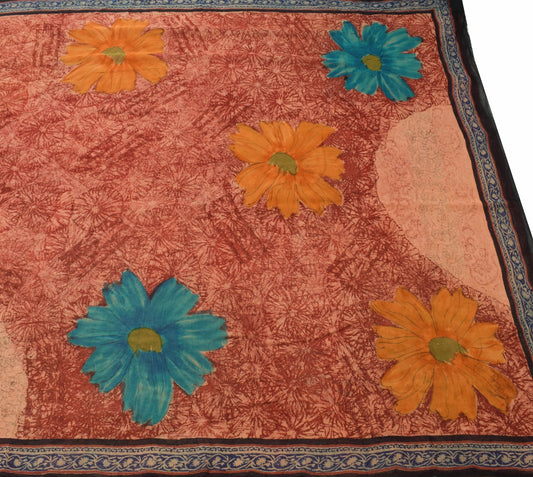 Sushila Vintage Peach Saree 100% Pure Georgette Silk Floral Printed Craft Fabric