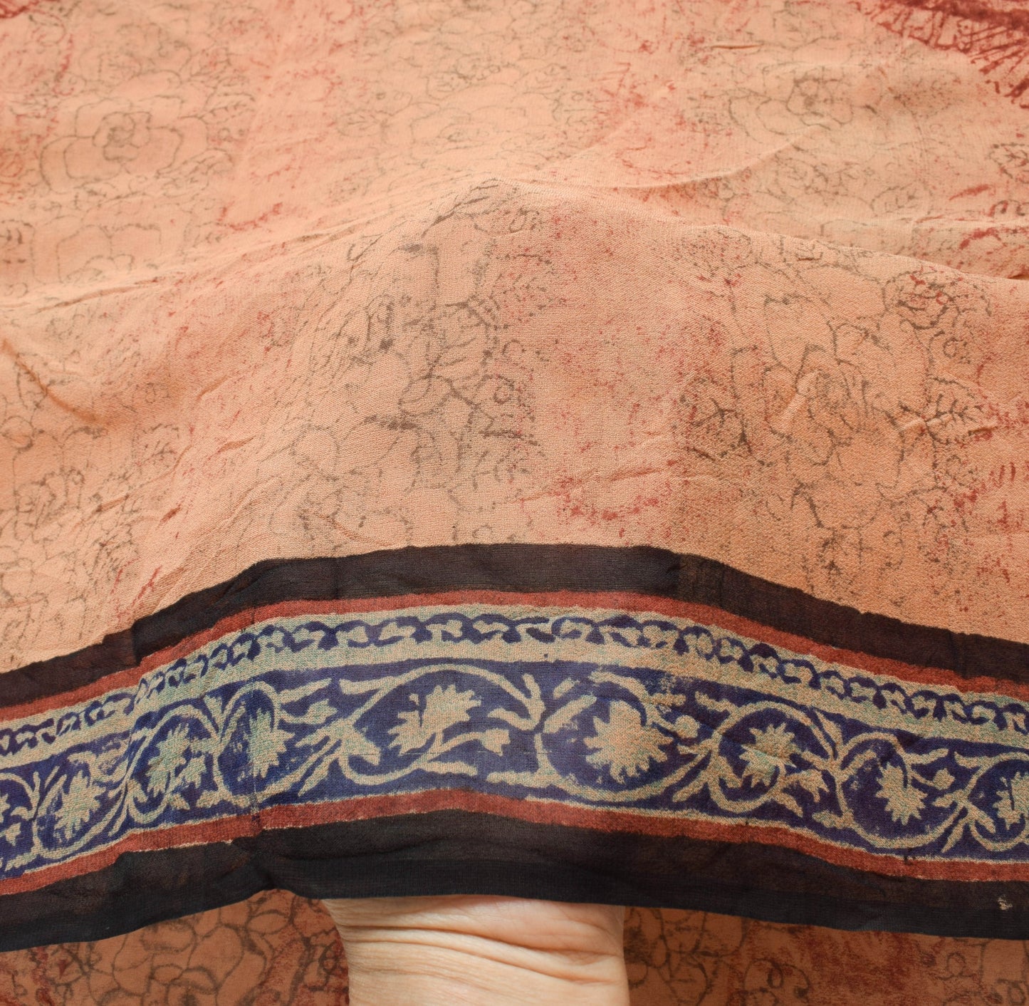 Sushila Vintage Peach Saree 100% Pure Georgette Silk Floral Printed Craft Fabric