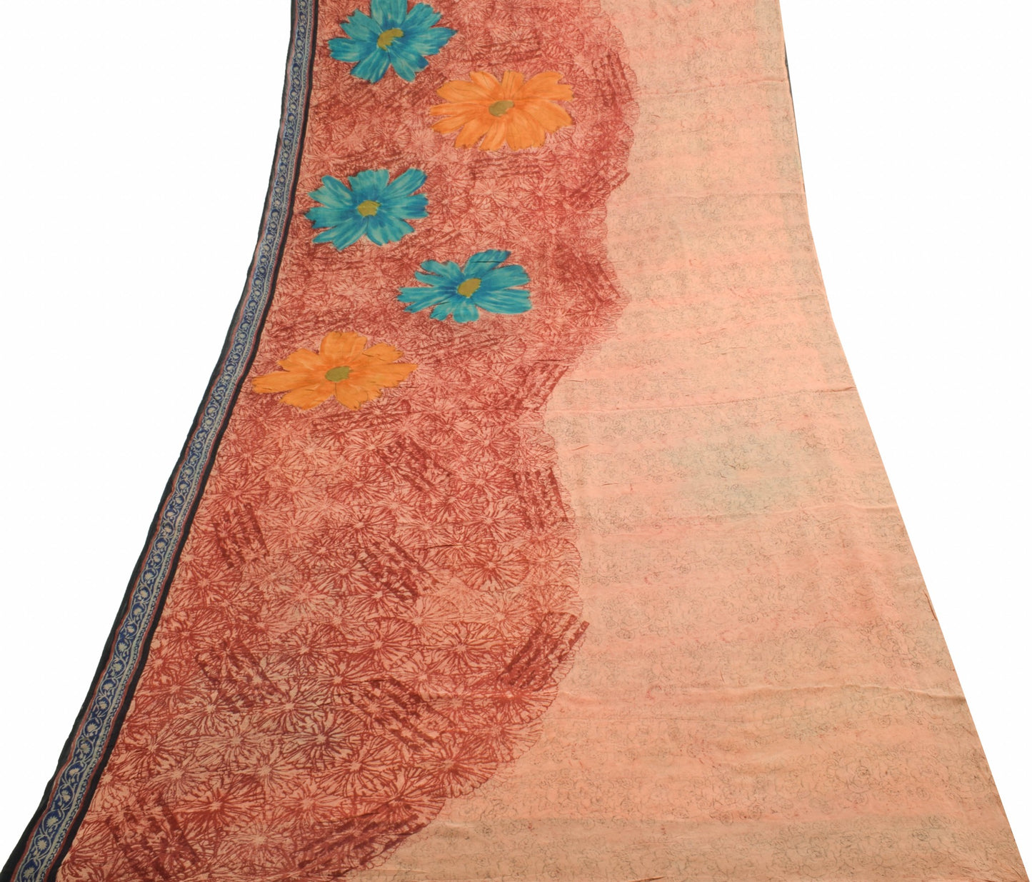 Sushila Vintage Peach Saree 100% Pure Georgette Silk Floral Printed Craft Fabric