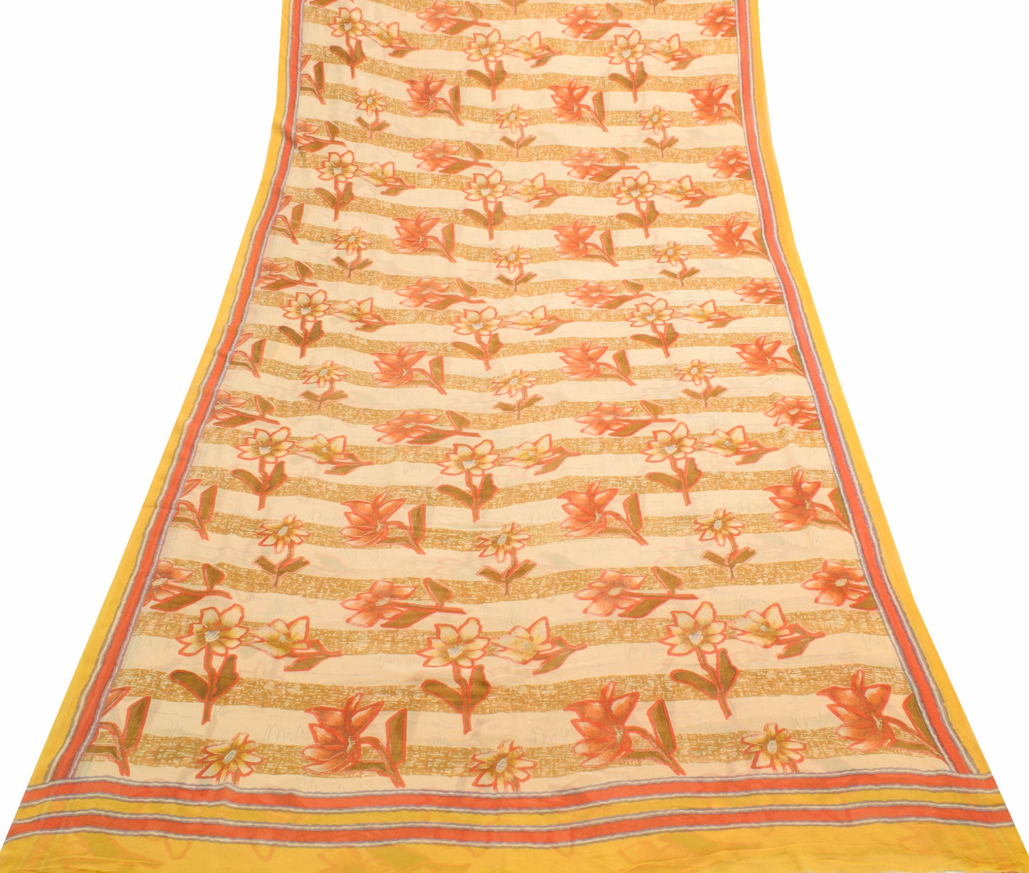 Sushila Vintage Cream Floral Saree 100% Pure Georgette Silk Printed Craft Fabric