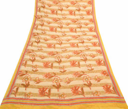 Sushila Vintage Cream Floral Saree 100% Pure Georgette Silk Printed Craft Fabric