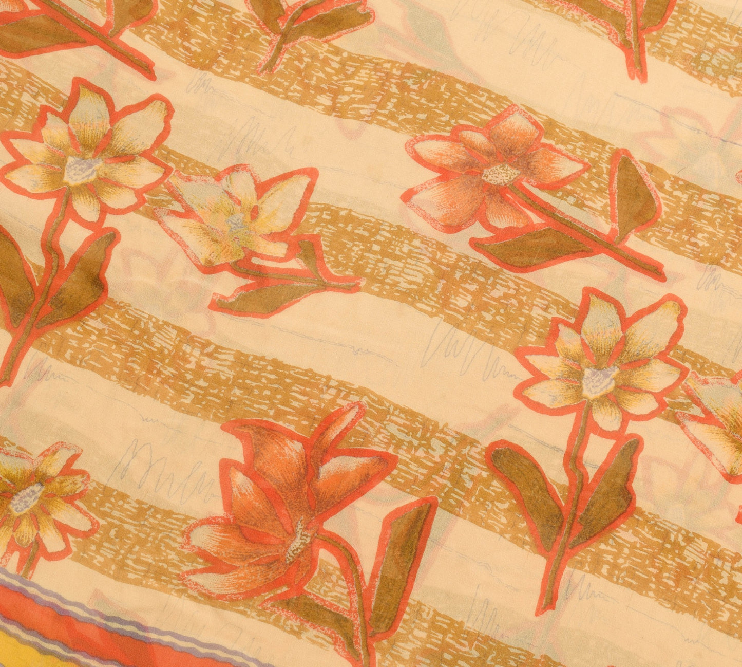 Sushila Vintage Cream Floral Saree 100% Pure Georgette Silk Printed Craft Fabric