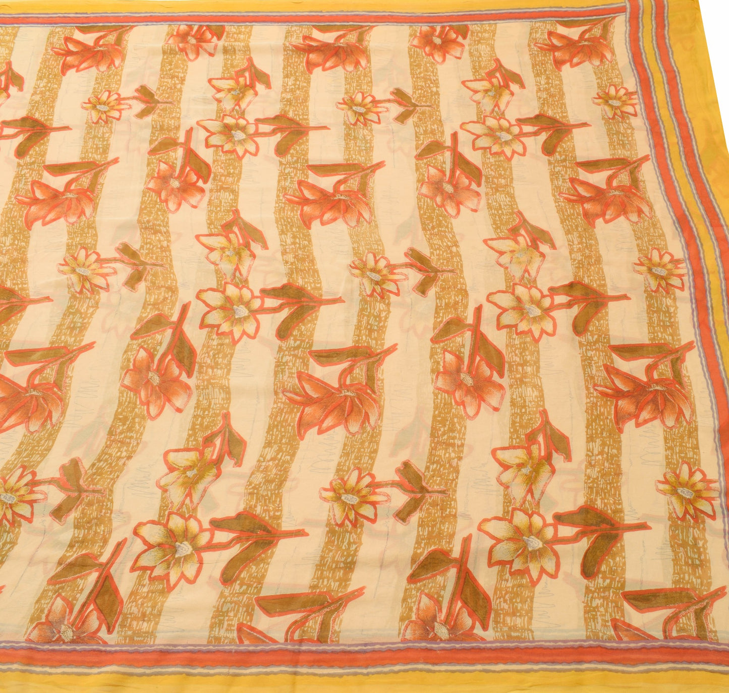 Sushila Vintage Cream Floral Saree 100% Pure Georgette Silk Printed Craft Fabric