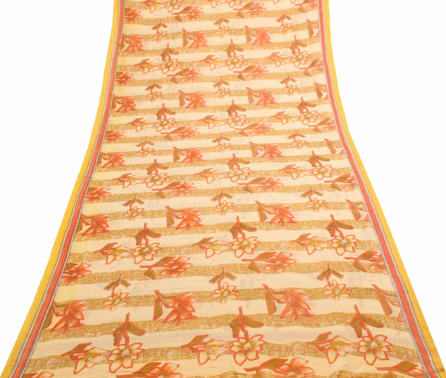 Sushila Vintage Cream Floral Saree 100% Pure Georgette Silk Printed Craft Fabric