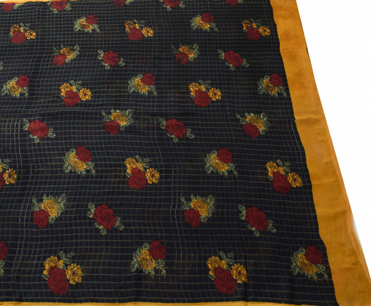 Sushila Vintage Floral Black Saree 100% Pure Georgette Silk Printed Craft Fabric