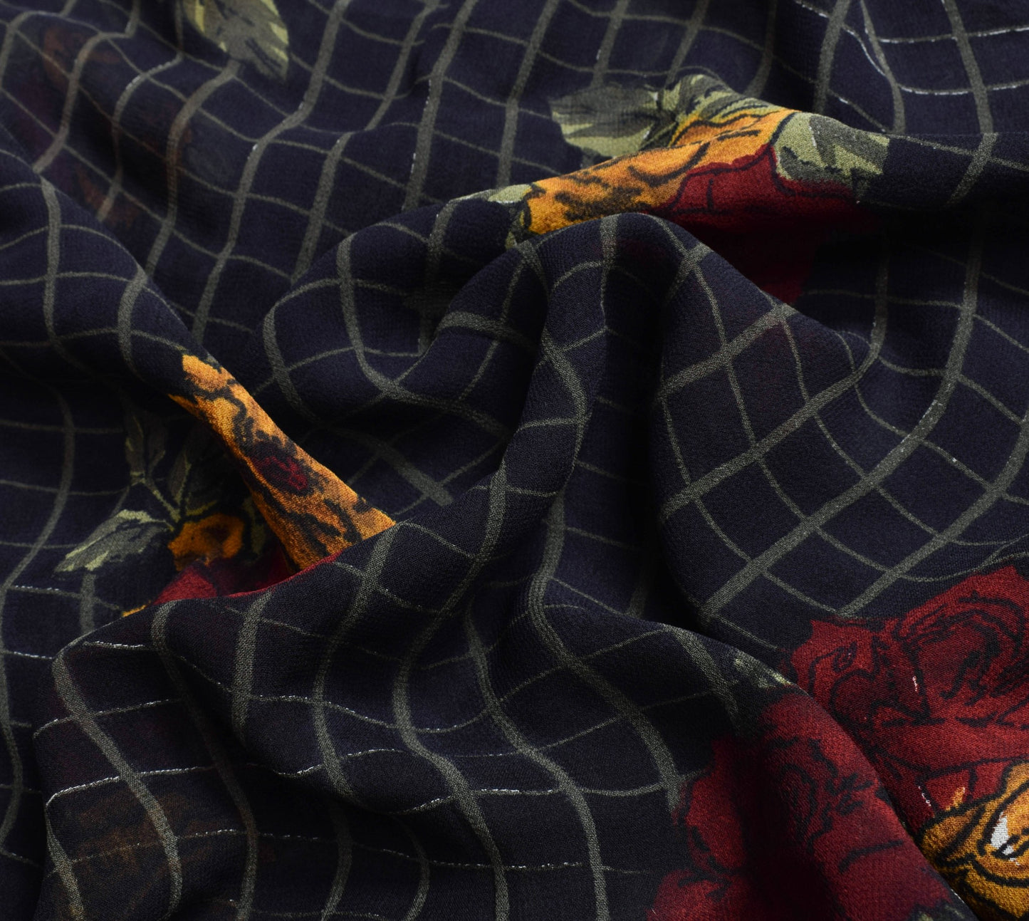 Sushila Vintage Floral Black Saree 100% Pure Georgette Silk Printed Craft Fabric