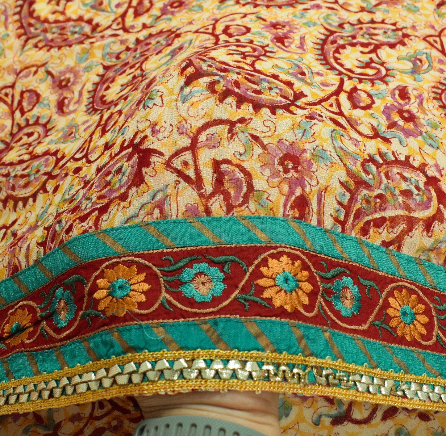 Sushila Vintage Yellow Saree Pure Georgette Silk Paisley Printed Craft Fabric