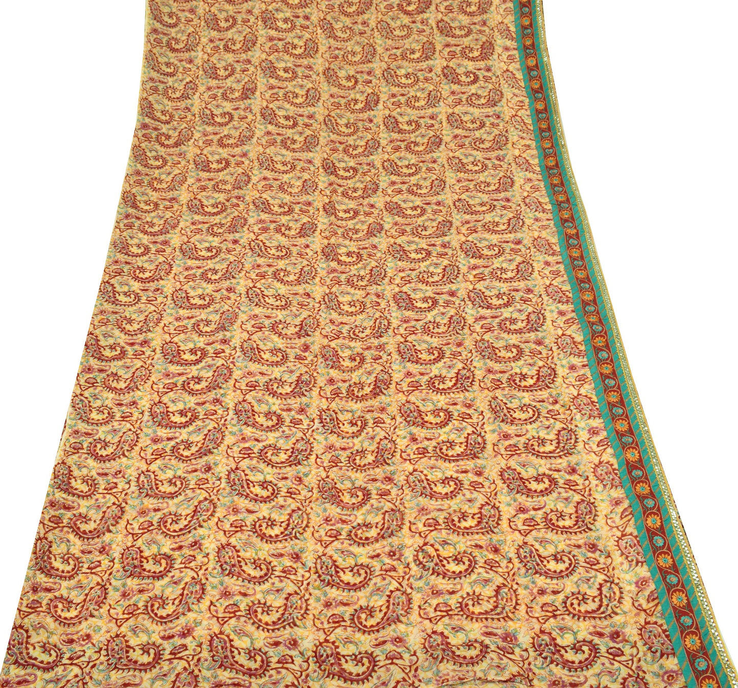 Sushila Vintage Yellow Saree Pure Georgette Silk Paisley Printed Craft Fabric
