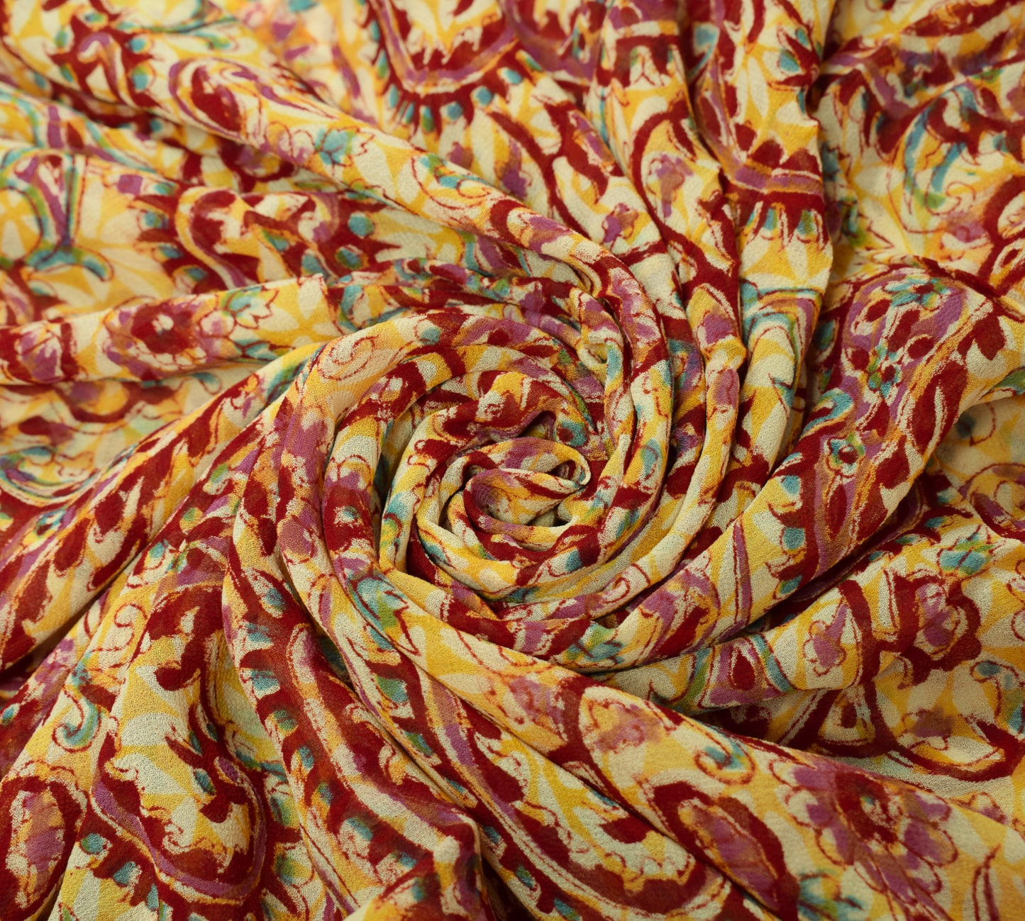 Sushila Vintage Yellow Saree Pure Georgette Silk Paisley Printed Craft Fabric