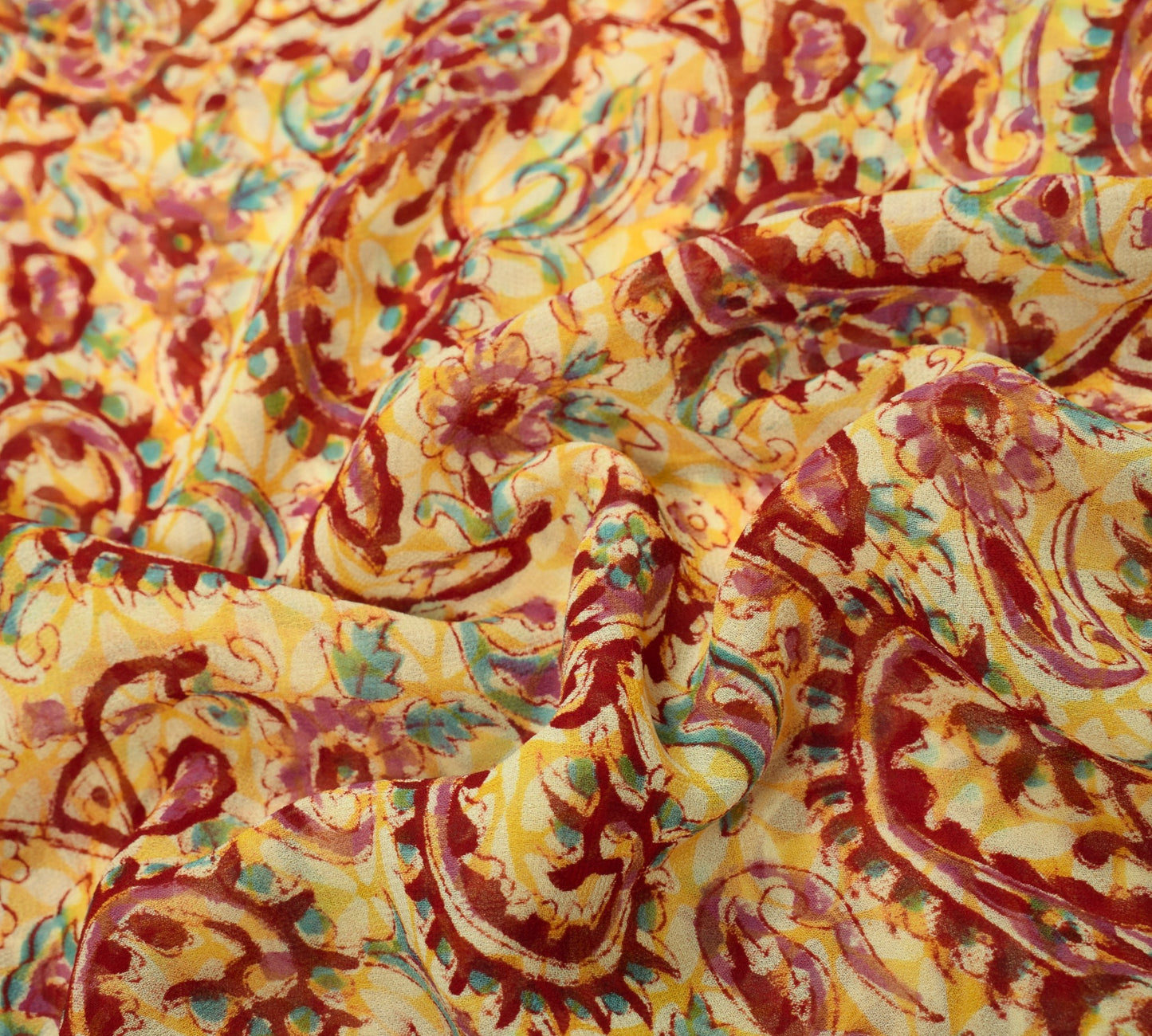 Sushila Vintage Yellow Saree Pure Georgette Silk Paisley Printed Craft Fabric