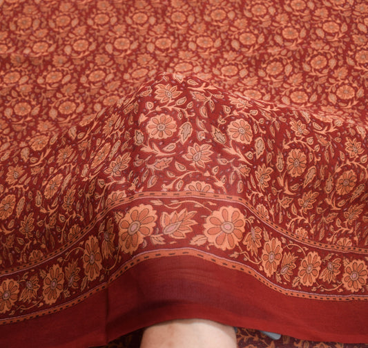 Sushila Vintage Floral Saree 100%Pure Georgette Silk Printed Maroon Craft Fabric