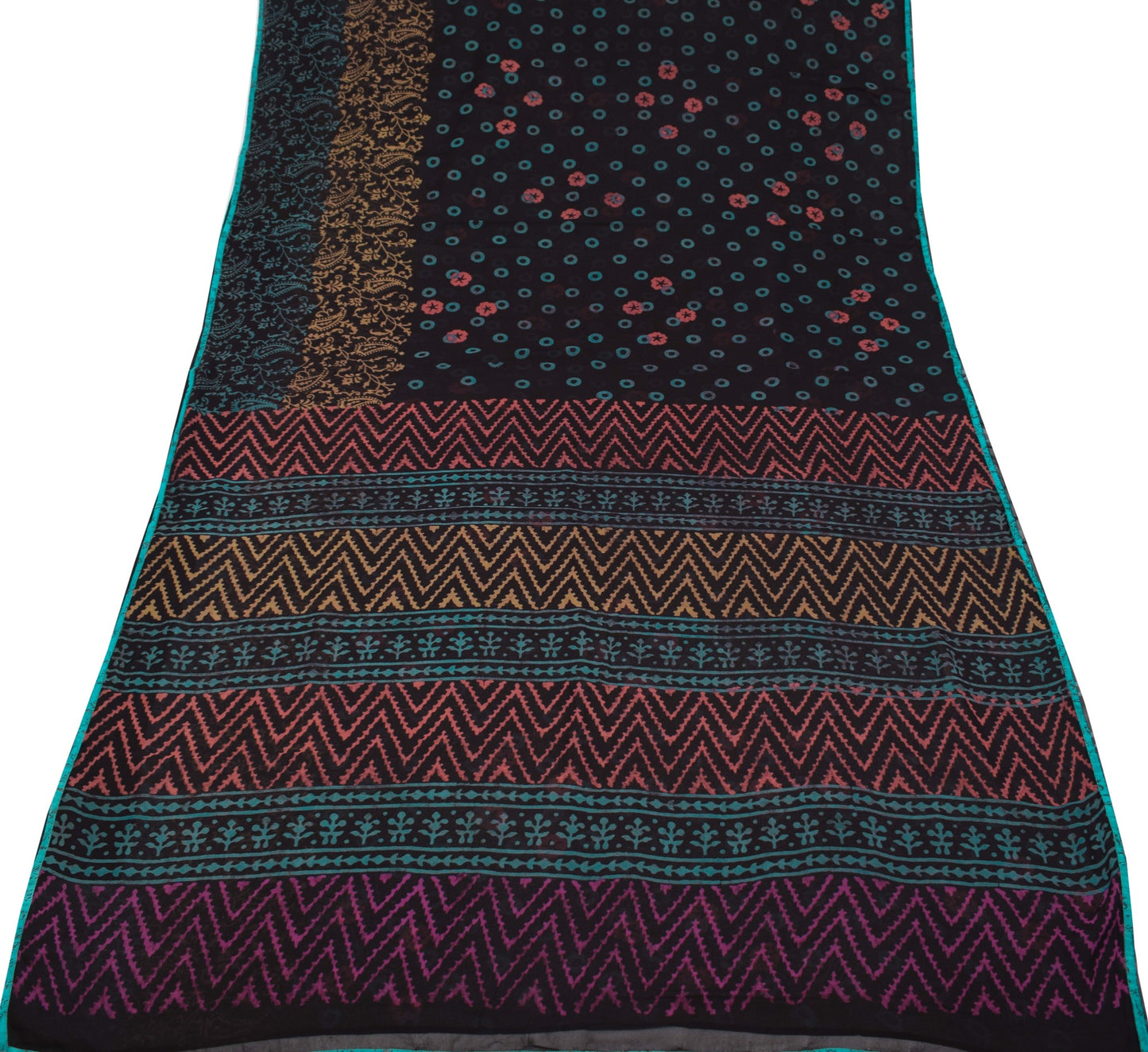 Sushila Vintage Black Scrap Saree Pure Georgette Printed Sari Remnant Fabric