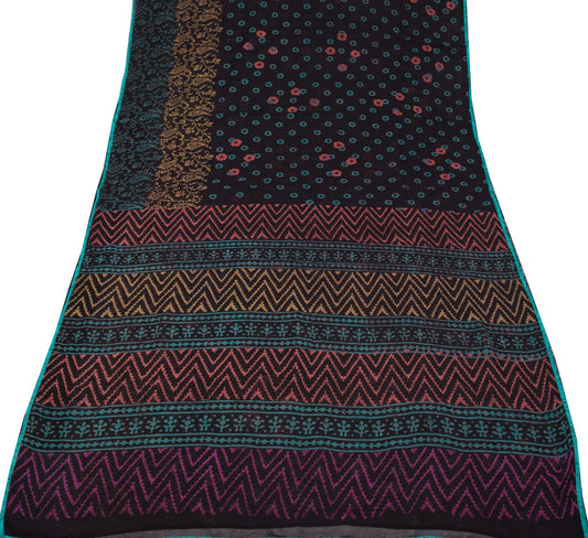 Sushila Vintage Black Scrap Saree Pure Georgette Printed Sari Remnant Fabric