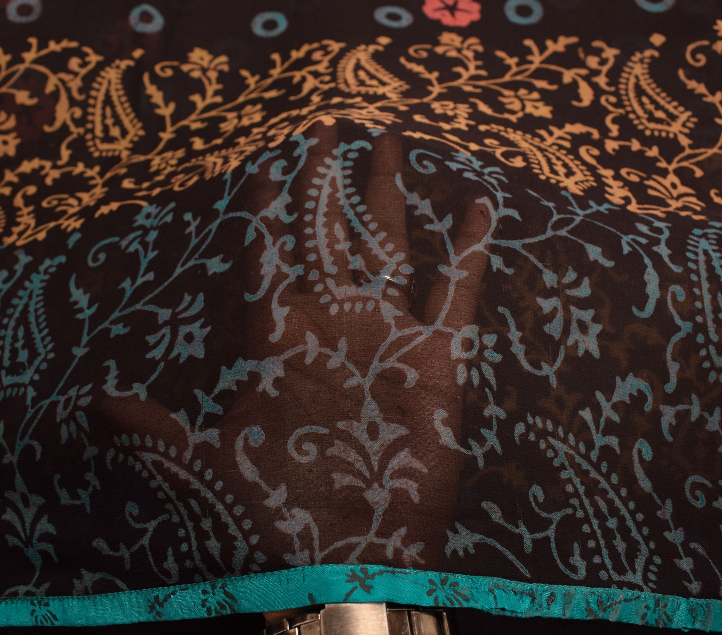 Sushila Vintage Black Scrap Saree Pure Georgette Printed Sari Remnant Fabric