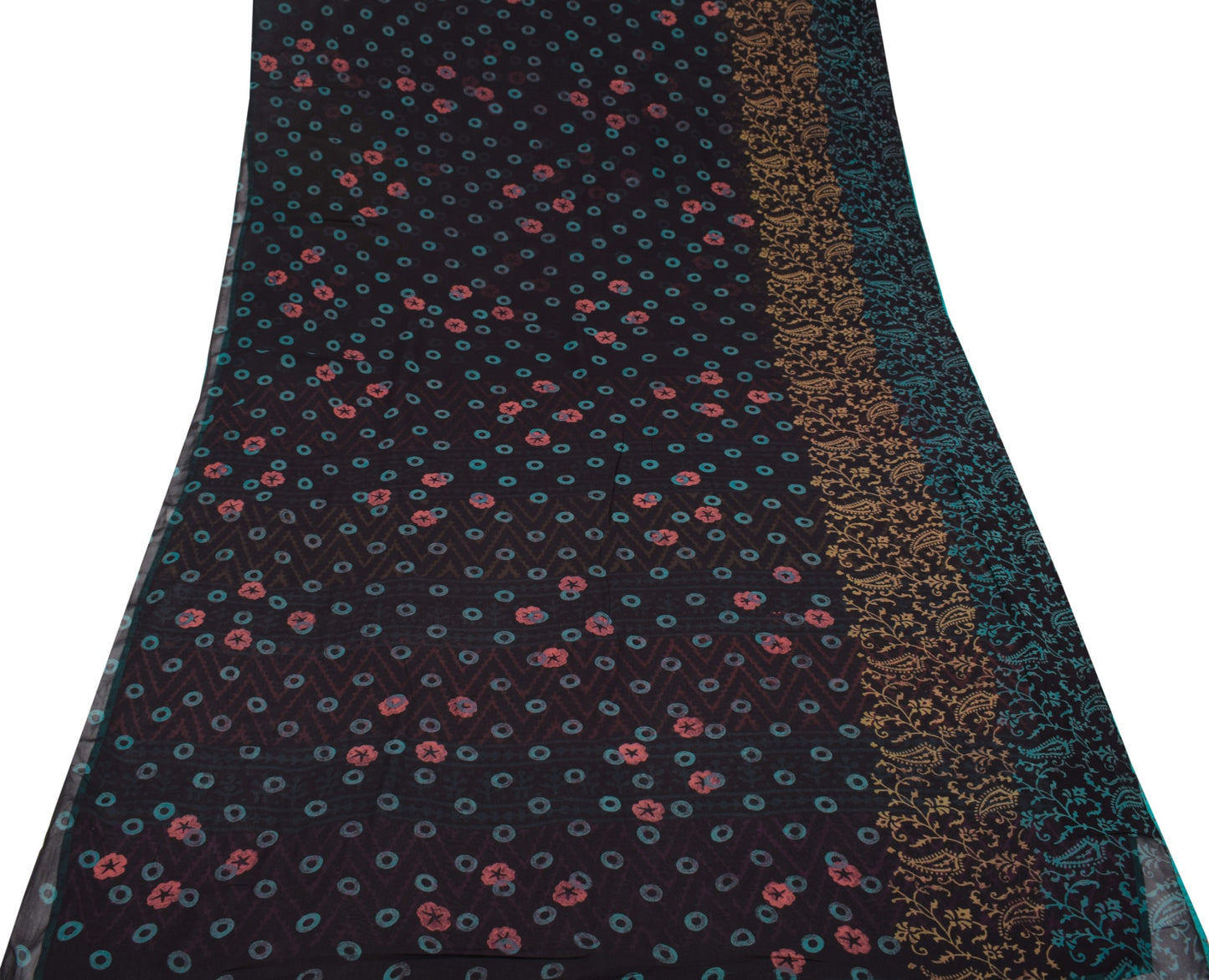Sushila Vintage Black Scrap Saree Pure Georgette Printed Sari Remnant Fabric