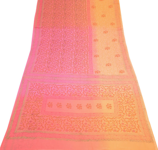 Sushila Vintage Peach Pink Scrap Saree 6Yard Georgette Hand Print Remnant Fabric