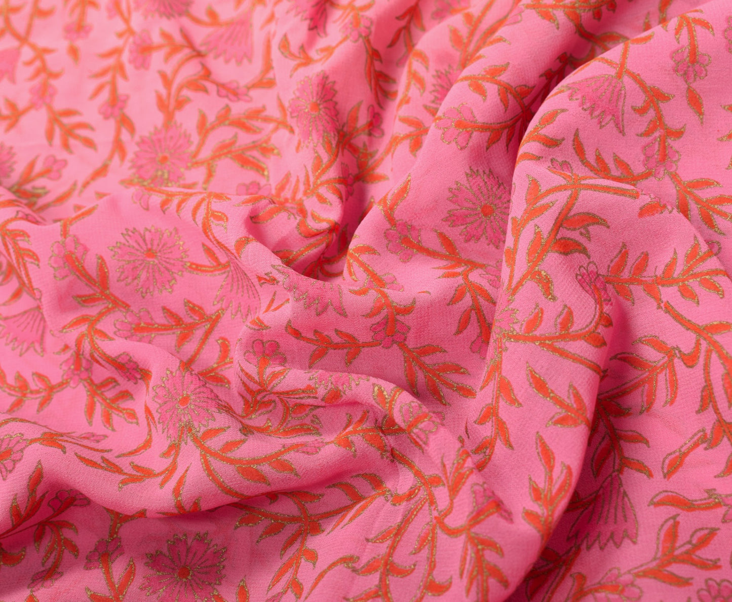 Sushila Vintage Peach Pink Scrap Saree 6Yard Georgette Hand Print Remnant Fabric