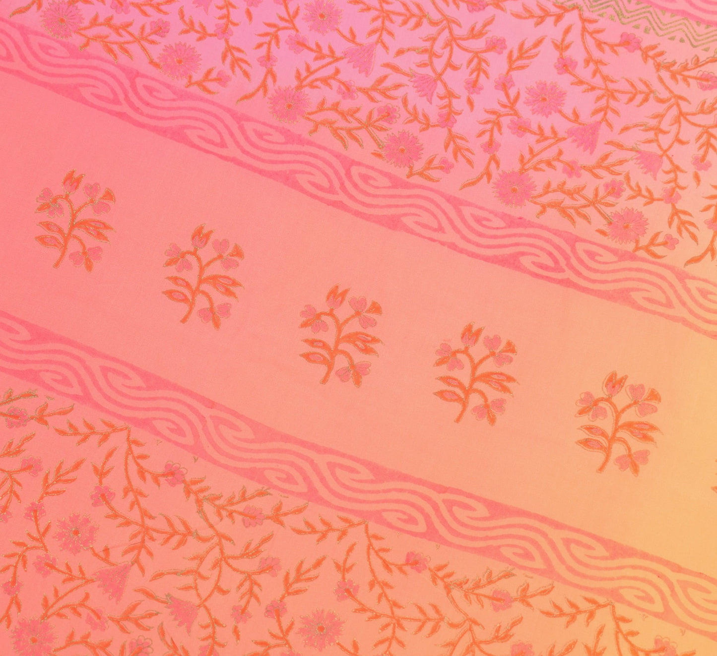 Sushila Vintage Peach Pink Scrap Saree 6Yard Georgette Hand Print Remnant Fabric