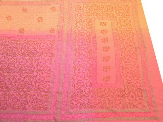 Sushila Vintage Peach Pink Scrap Saree 6Yard Georgette Hand Print Remnant Fabric