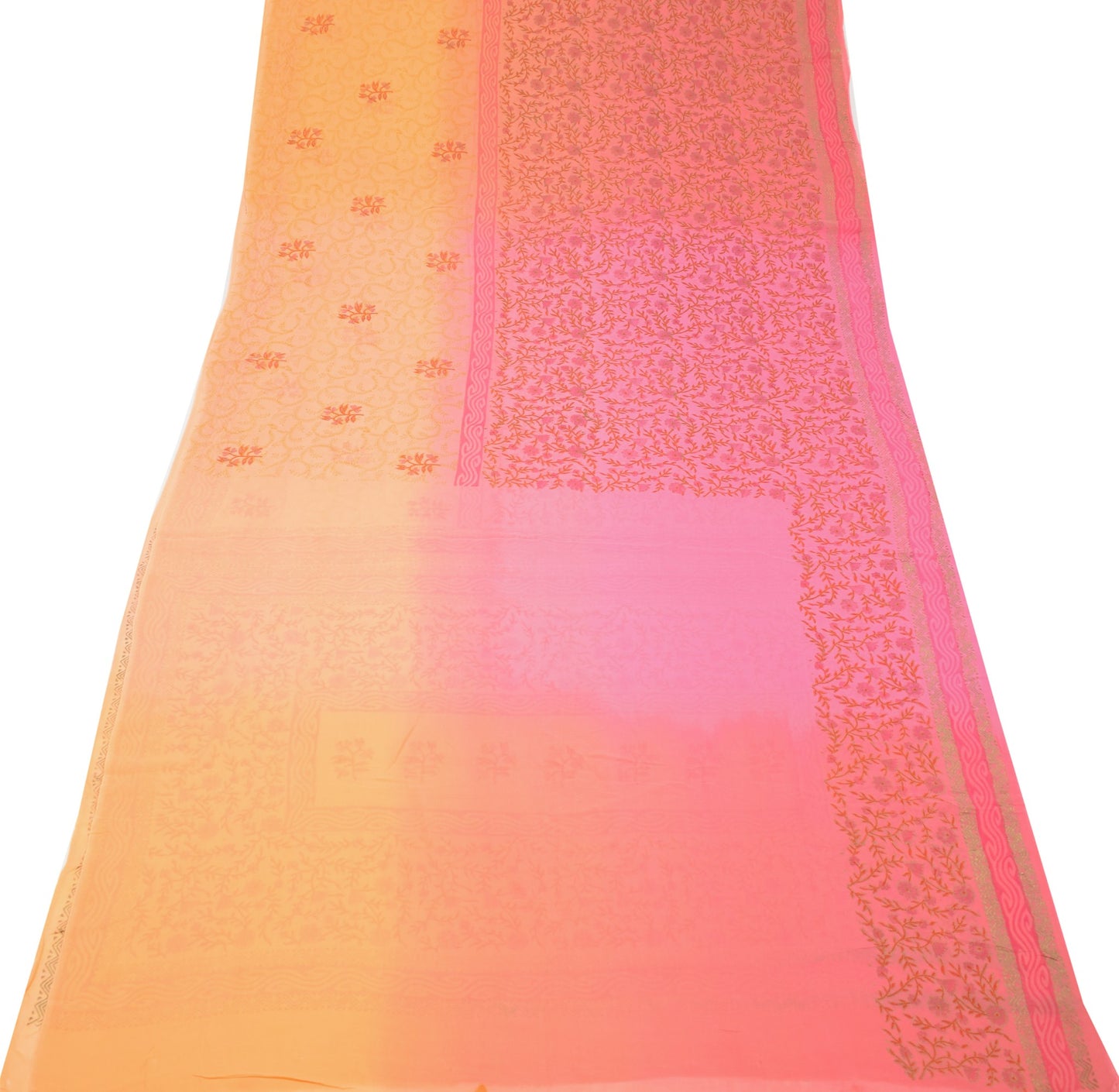 Sushila Vintage Peach Pink Scrap Saree 6Yard Georgette Hand Print Remnant Fabric