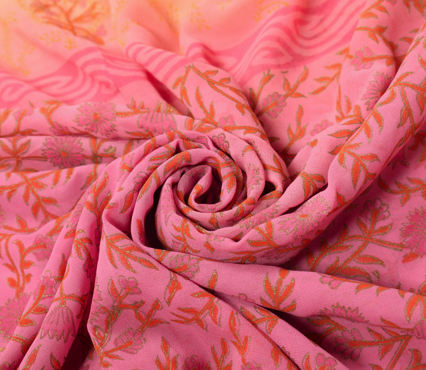Sushila Vintage Peach Pink Scrap Saree 6Yard Georgette Hand Print Remnant Fabric