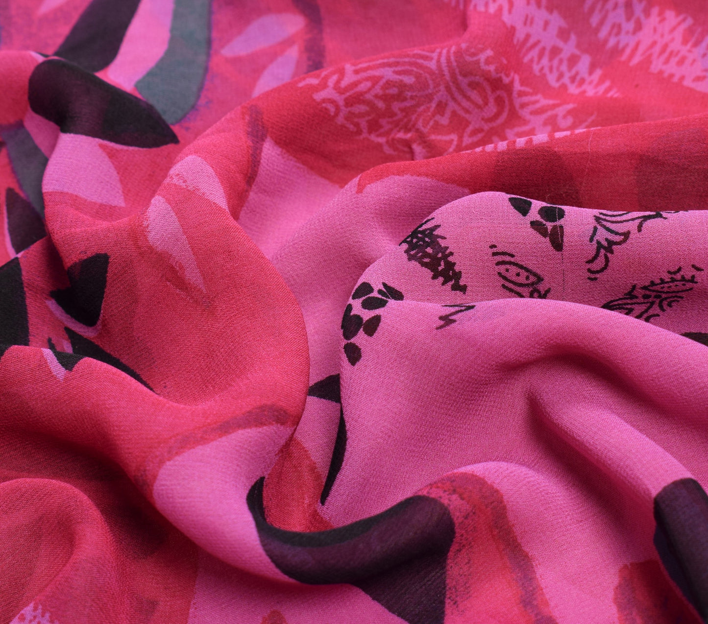 Sushila Vintage Pink Scrap Saree Pure Georgette Printed Floral Remnant Sari