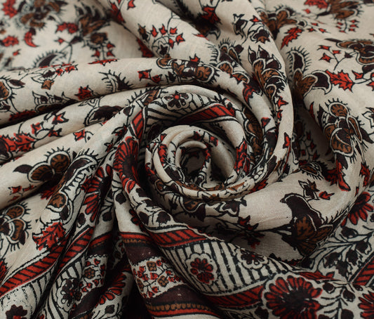 Sushila Vintage Cream Saree 100% Pure Silk Printed Floral Soft Craft Fabric