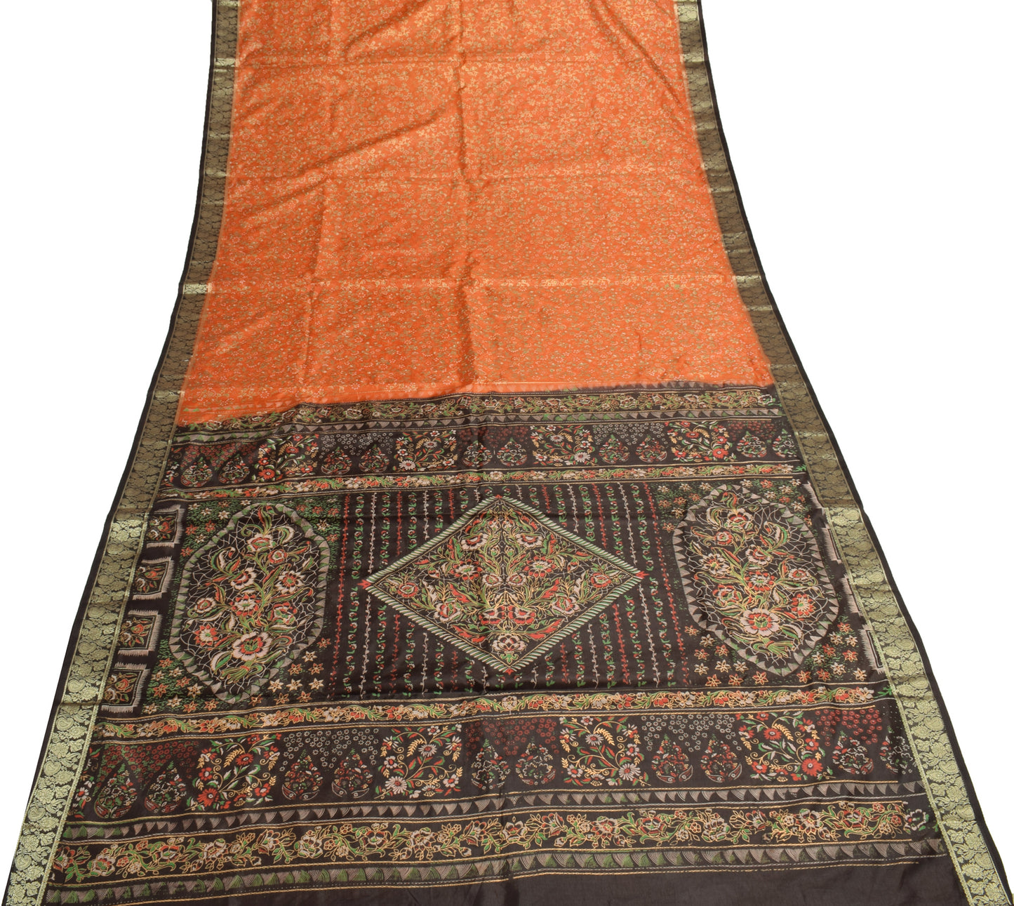 Sushila Vintage Rust Indian Saree Art Silk Printed Floral Soft Sari Craft Fabric