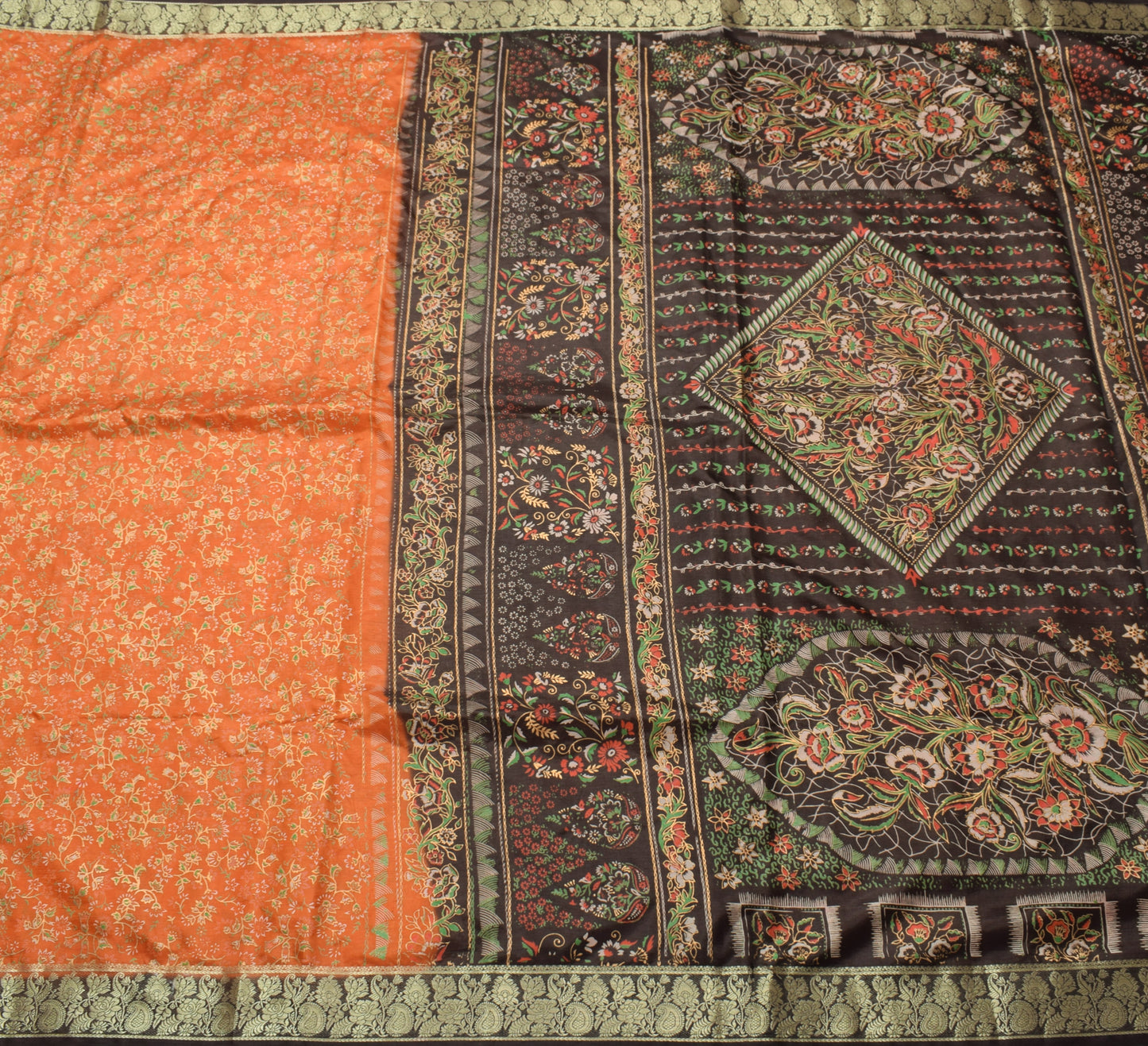 Sushila Vintage Rust Indian Saree Art Silk Printed Floral Soft Sari Craft Fabric