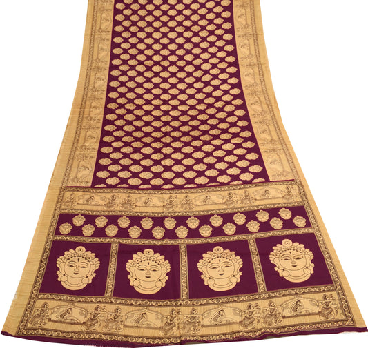 Sushila Vintage Maroon Indian Saree Blend Silk Printed Humans Soft Craft Fabric