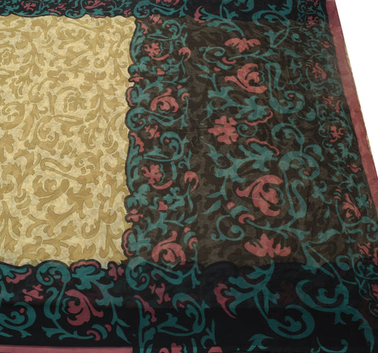 Sushila Vintage Indian Saree 100% Pure Chiffon Silk Printed  Soft Craft Fabric