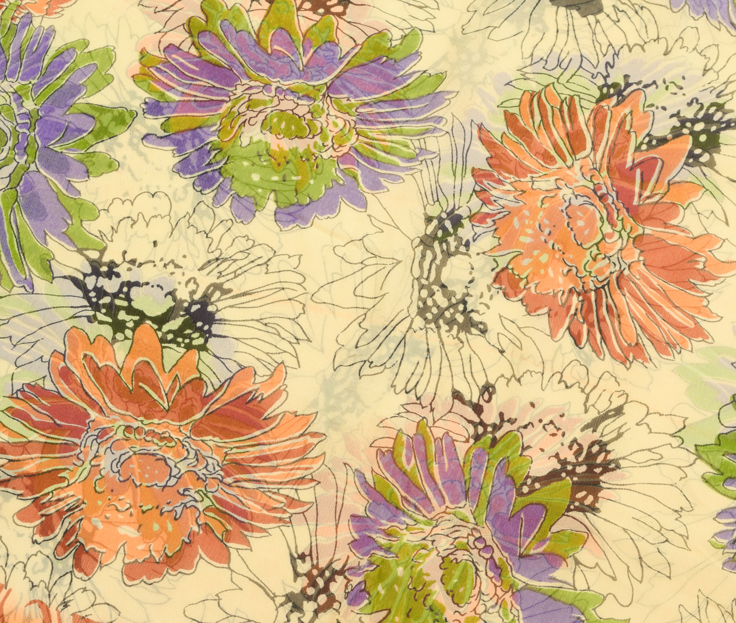 Sushila Vintage Cream Saree 100% Pure Chiffon Silk Printed Floral Craft Fabric