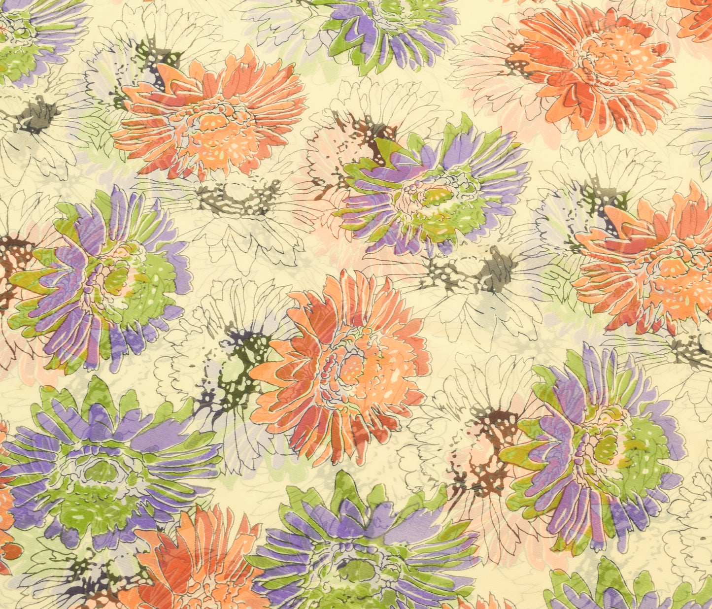 Sushila Vintage Cream Saree 100% Pure Chiffon Silk Printed Floral Craft Fabric