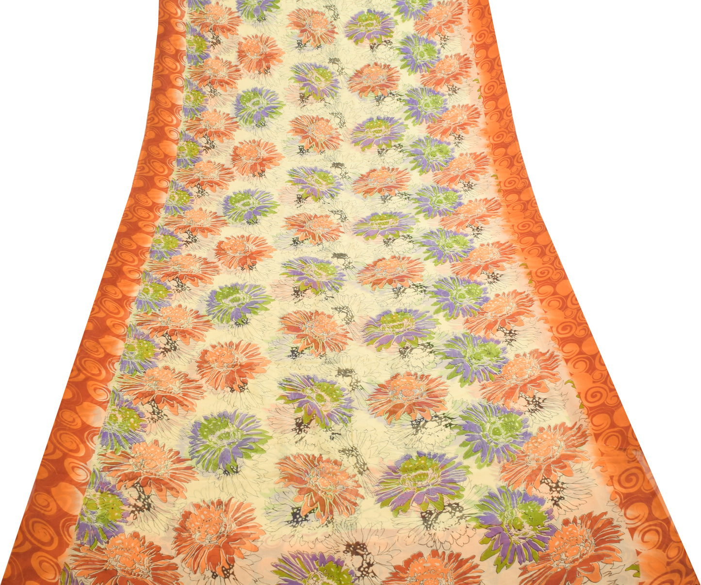 Sushila Vintage Cream Saree 100% Pure Chiffon Silk Printed Floral Craft Fabric