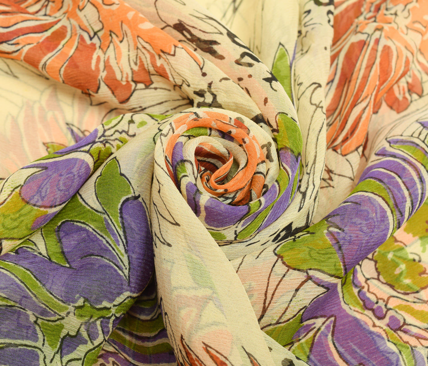 Sushila Vintage Cream Saree 100% Pure Chiffon Silk Printed Floral Craft Fabric