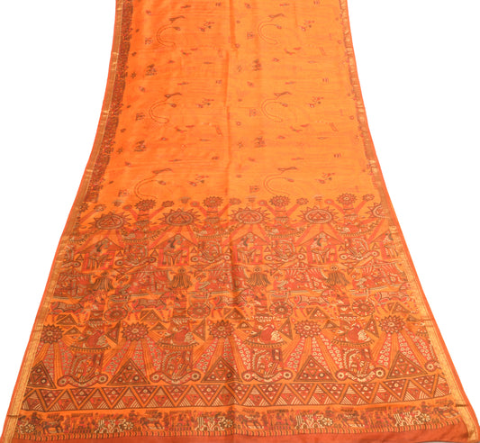Sushila Vintage Orange Saree 100% Pure Silk Human Printed Soft Craft Fabric