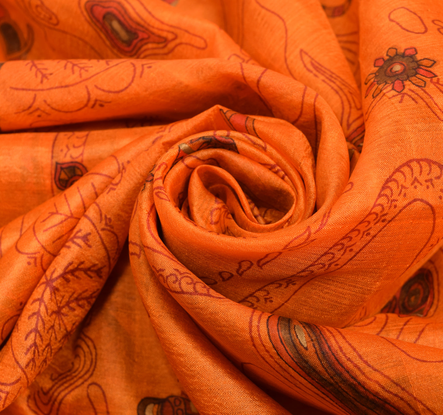 Sushila Vintage Orange Saree 100% Pure Silk Human Printed Soft Craft Fabric
