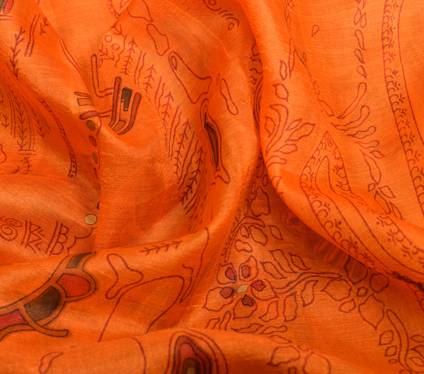 Sushila Vintage Orange Saree 100% Pure Silk Human Printed Soft Craft Fabric